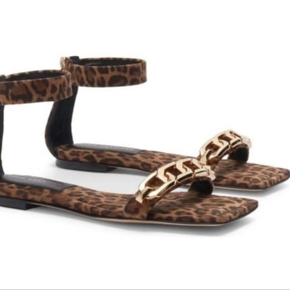 𝅺good AMERICAN Ankle Strap Chain Leopard Print slim square toe sandals 7.5 - Picture 2 of 5
